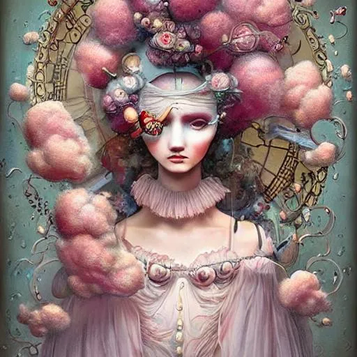 Prompt: realistic painted still life beautiful flowers by ambrosius bosschaet!!!!!, fluffy cotton candy clouds, bnicoletta ceccoli, daniel merriam art, jennifer healey art, fantasy art, cotton candy dreams, cracked clock pieces floating in sky, floating spiral staircase, crystal chandelier drops, beautiful symmetrical face, perfect facial features, beautiful cracked porcelain face, renaissance gown, bubbles floating in the sky, iridescent water drops,  fairy dreams, glitter sparkles, michael parks style, daniel merriam art, hyper realistic flower bouquet painting,  soft shadows, stunning, dreamy, elegant, perfect face, sparkles, Beautiful goddess, Haute Couture, princess dress, joseph karl steiler art, muted colors, fairy wings, symmetrical steampunk, muted colors, fairy wings, architecture illustrations 1800s, garden of roses and peonies background, ultra detailed, soft lighting, infinite depth, incredibly detailed, ultra realistic, high index of refraction, hyper realistic elegant smooth sharp clear edges, wide angle perspective, ultra realistic, sense of high spirits, volumetric lighting, occlusion, Unreal Engine 5 128K UHD Octane, fractal, pi, fBm