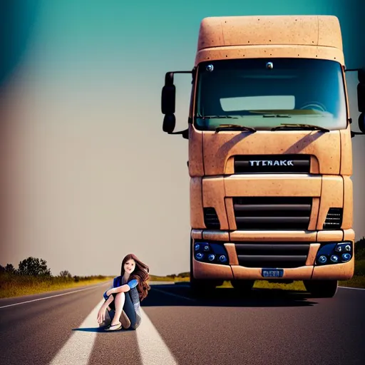 Prompt: photo realistic Landscape of Truck, full body, with brown hair and  cute face, centered in frame, facing camera, symmetrical face, ideal human, 8k, 85mm lens,f8, photography, ultra details, natural light, light background, photo, Studio lighting