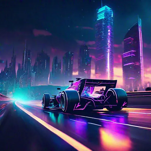 Prompt: F1 car driving down long highway with the city lights reflecting of, cyberpunk theme, sat on top of building over looking the city with the dun setting, cyberpunk, trippy sky, vibrant colors, HD, 4K, professional brush work, detailed, cinematic shot, better, F1 car, future 