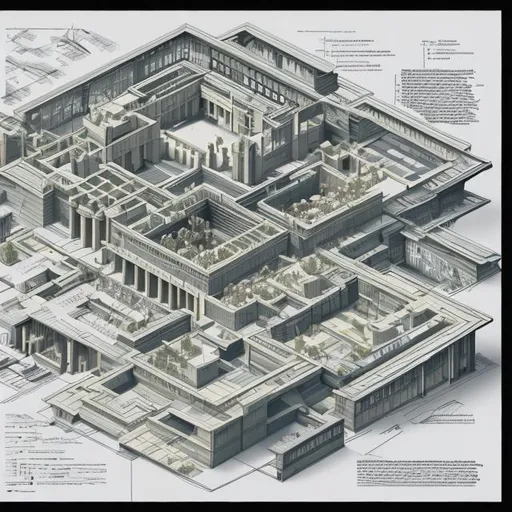 Prompt: An elaborate architectural analysis axonometric graphic showing the didactical principles of the school
