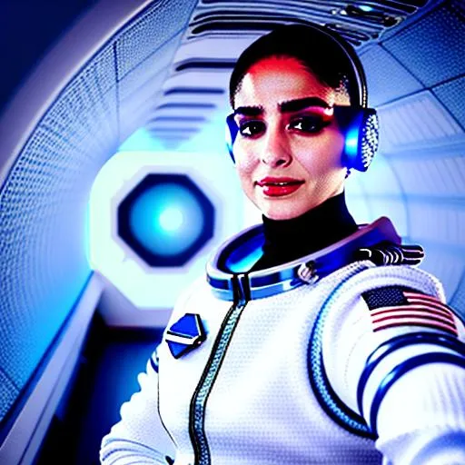 Prompt: Menna Shalaby is a futuristic civil servant dressed in a Space-1999-inspired business suit on a space station. photorealistic, accurate face
