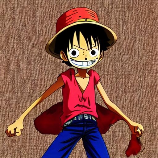 luffy teenager black hair straw hat red shirt blue