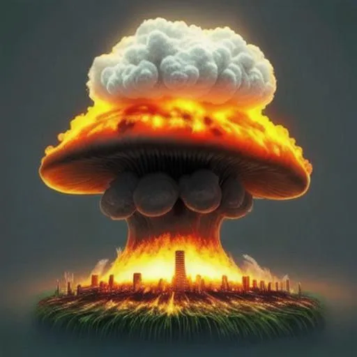 Prompt: nuclear explosion, mushroom cloud that looks like fungi, surrounded by a city