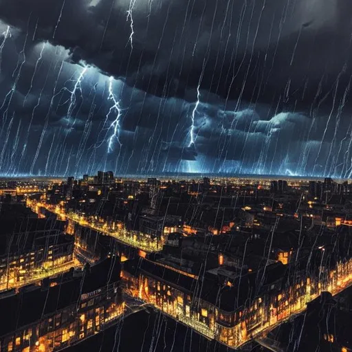 Prompt: night, city, rain, thunder