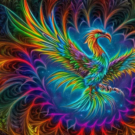 Prompt: hyperdetailed full body image, perfect detailed phoenix bird, holding the sun with its claw, a painting photography technique, lace dress, amazing colors, surrounded by full color voronoi on julia clusters fractal sky
