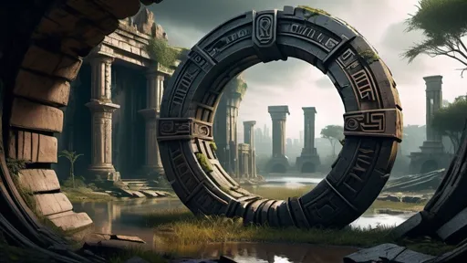 Prompt: magical portal between cities realms worlds kingdoms, circular portal, ring standing on edge, upright ring, freestanding ring, hieroglyphs on ring, broken ring, ruins, crumbling pillars, broken archways, ancient roman architecture, swamp wilderness setting, panoramic view, futuristic cyberpunk tech-noir setting