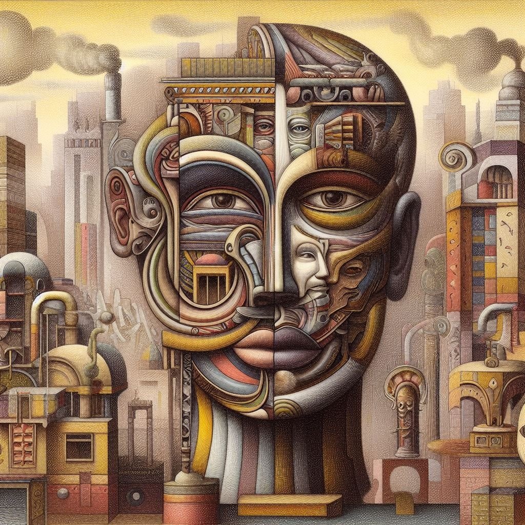 Prompt: illustration of an artist showing the face of a man, in the style of surreal city scenes, mesoamerican influences, tooth wu, petros afshar, disfigured forms, illustration, toyen