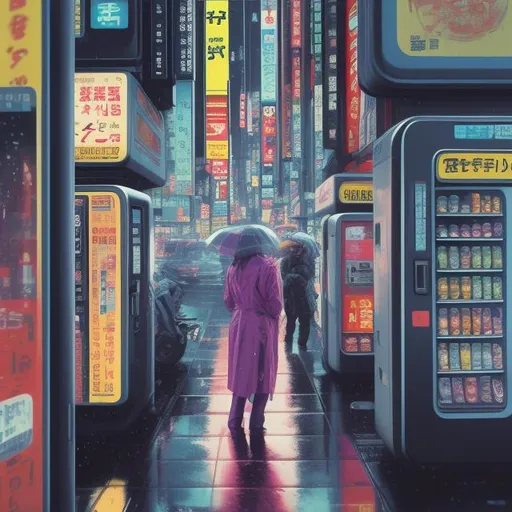 Prompt: Vending machines in the future. rainy day in tokyo. wider shot. Person with umbrella sitting on chair in front of vending machine. Comic art. Jack Kirby Style. Raining. High detail. Early morning. dark mood. Full colour. photo-realistic. More colour. accurate body proportions. blade runner. cops. futuristic cars. 