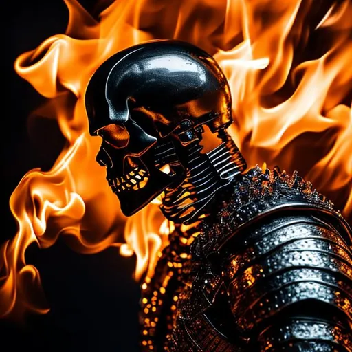 Prompt: Realistic photo of black skeleton   wearing fiery armour in hd, ultra realistic, highly detailed, 8k. Soft lighting 