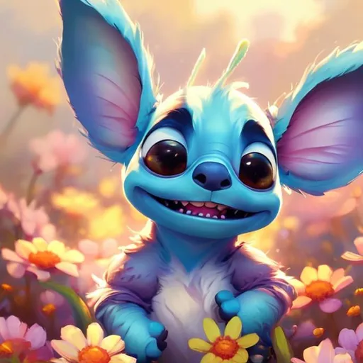 Stitch lying in flowers on a summer day, digital pai... | OpenArt