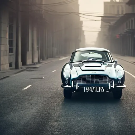 Prompt: Cinematic film still of a 1964 Aston Martin DB5 in an empty city road, nostalgic lighting