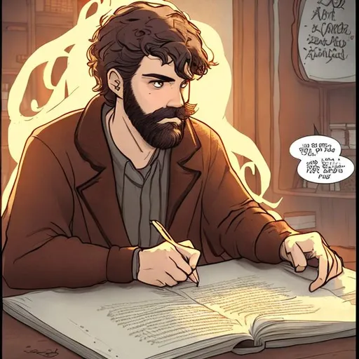 Prompt: Show me a short brown-haired man with a short beard writing at his desk with the words Flamel's Copy in a thought bubble.