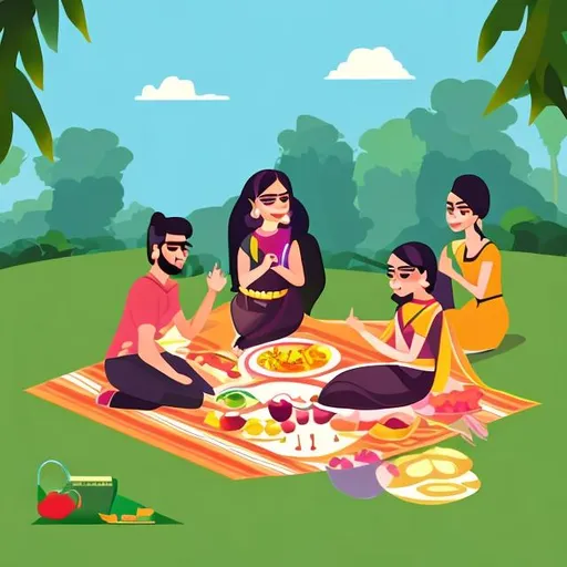 Prompt: vector of afternoon picnic with music that has men and women in it.. indian style