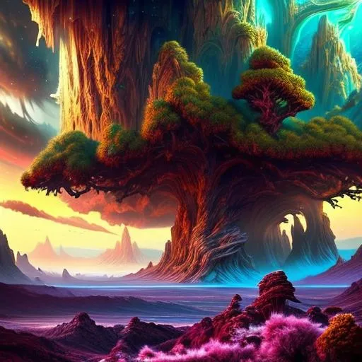 Prompt: Highly detailed fantasy planet landscape, clouds, stars, planets, waterfalls, nebulae, mystical, light shafts, massive storm cell on horizon, golden hour, rule of thirds, ancient trees, magenta-pink, green-cyan, dark-magenta, electric-blue, trending on artstation, beautiful, tonemapping, fantasy art, digital painting, hyperrealism, hyperdetailed, landscape, photorealistic, dramatic lighting, ray tracing, path tracing, vibrant, full shot