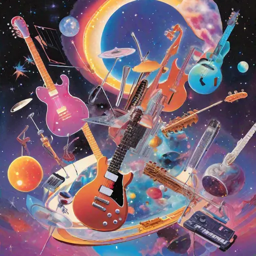 Prompt: An album cover featuring a surreal collage of musical instruments floating in space. At the center is a vibrantly colored electric guitar hovering over a crystal planet. Surrounding it are a theremin, saxophone, synthesizers, and other instruments glowing against a starry nebula backdrop. Warm spotlights illuminate each object in a dramatic fashion. By James Jean in a retro vaporwave style. ((Nebula background)) ((Glowing instruments))