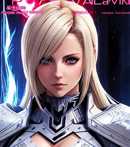 Prompt: Manga cover art. Sarah Michelle Gellar with blonde hair, wearing white Dragoon artifact armor from FFXIV, intricate cyberpunk tribal village, realistic face, emotional lighting, cover logo "Azmaat" , character illustration by Ilya Kuvshinov, chainsaw man, fire punch 
