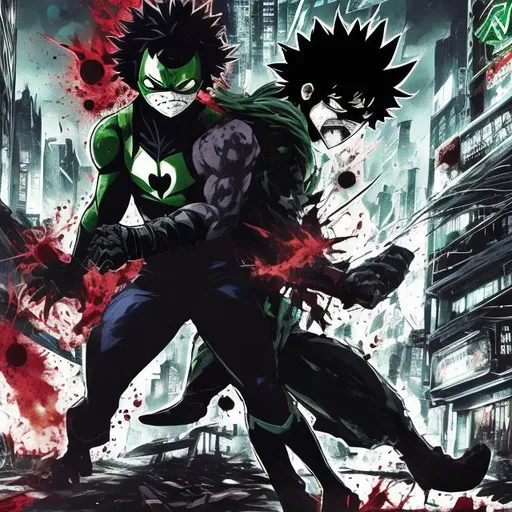 Prompt: Accurate masked vigilante deku villain versus villain bakugo. Fighting. Blood spatters. Very Dark image with lots of shadows. Background partially destroyed neo Tokyo. Noir anime. Gritty. Dirty