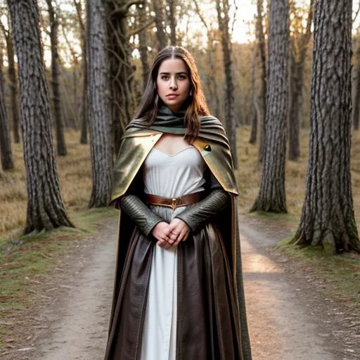 Prompt: a young woman, cool white skin with olive undertones, small nose, flat chest, shoulder length hair, brunette hair, grey eyes, wearing leather gambeson with a wool cloak, white eyes, sunset, golden hour, moody woods, golden sun, fantasy, fantasy aesthetic, Tolkein, lord of the rings, beautiful, smiling, fully clothed, happy, blushing, cozy, moody, cute looking, masterpiece, nature, masterpiece, hd quality, 8k, detailed, high quality, high resolution