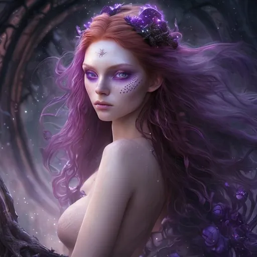 Prompt: Detailed and mystical portrait of a young beautiful witch with ivory clear skin, redhead hair and deep purple eyes. Perfect female body, night light, dramatic, plastic pose, frontal, magical, fantasy, 8k, high detailed, dramatic light
