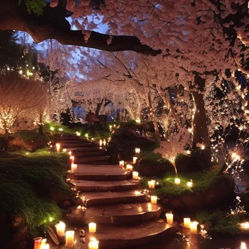 Prompt: A cherry tree forest with bookshelves and fairy lights and candles with a river and waterfall
