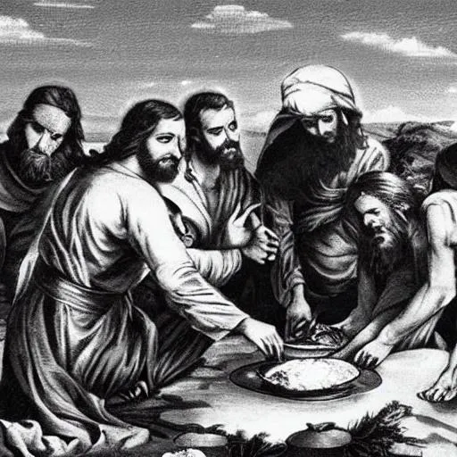 Prompt: jesus in a wasteland with his disciples making food and giving grace to god