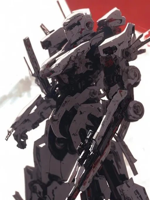 Prompt: A white mecha with complex design with a long sword and a rifle with a ruined city as background