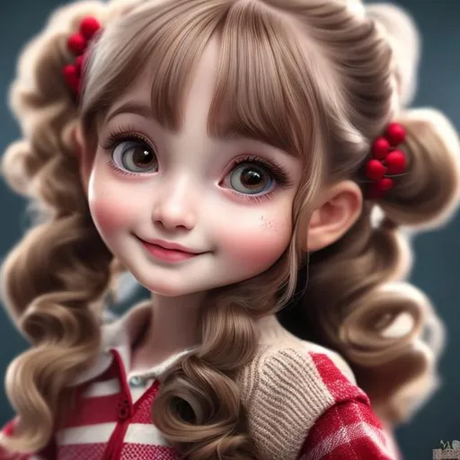 Prompt: an aldult with Pigtails soft brown wavy hair, soft brown eyes with red untertone, realistic, digital art, 64k