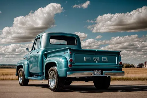 Prompt: A 1953 Ford F-100 [pulling-towing] an Airstream camper whilst driving away from a vintage American city skyline. Dramatic sky and clouds. 