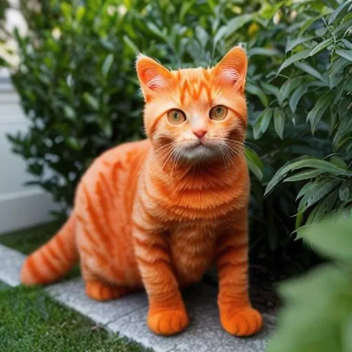 Prompt: A orange cat lurking behind the bush