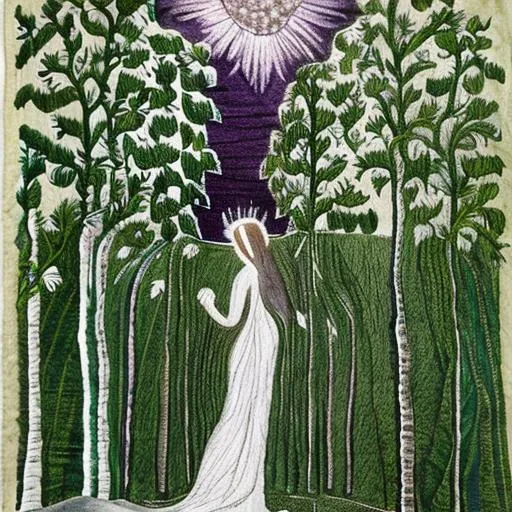 Prompt: Embroidery, linen, wsbfolklore folklorethursday lullamoonlight madelearoundmadelequill, purple, forest green, white embroidery Magical fairy castle by Hilma af Klint, embroidery