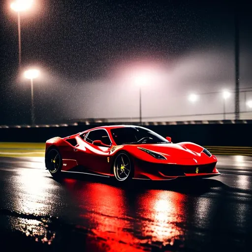 Prompt: Ferrari on race track at night in rain
