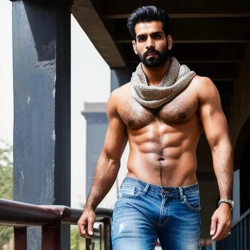 Prompt: scene of full body hyperreal tall "sensual" delhi hunk with beautiful face, delhi crossroad, "very sweaty hairy pecs", "jeans", shawl, arena, perfect composition, hyperrealistic, super detailed, 8k, high quality, trending art, trending on artstation, sharp focus, studio photo, intricate details, highly detailed, by greg rutkowski