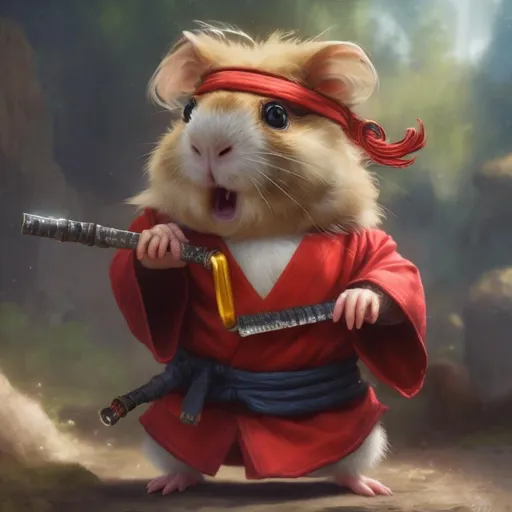 Prompt: highly detailed, realistic, cute little Anthropomorphic (cute and adorable fluffy Guinea Pig), highly detailed, with red Ninja sweat band, ((wielding Nunchaku nunchucks)), tiny, small, short, Kung Fu robe, pretty, beautiful, matte fantasy painting, by Jason Felix by Steve Argyle by Tyler Jacobson by Peter Mohrbacher, cinematic post processing