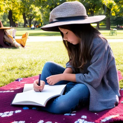 Prompt: girl writing her book, big hat so you see no face while sitting on a wyco blanket in the park
