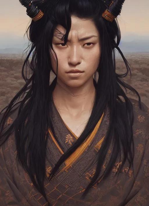 Prompt: Portrait of {samurai} with {black} hair and with cute face, {desert}, perfect composition, hyperrealistic, super detailed, 8k, high quality, trending art, trending on artstation, sharp focus, studio photo, intricate details, highly detailed, by Greg Rutkowski