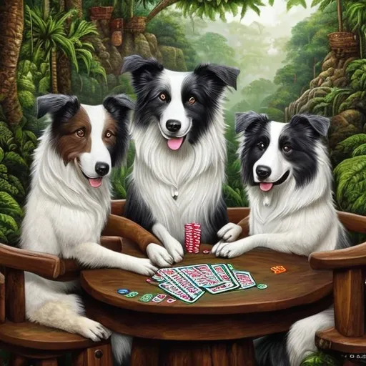 Prompt: paint me border collies at a table playing cards, with a rainforest background