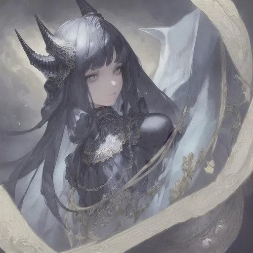 Prompt: masterpiece, illustration, best quality:1.2), 1girl, solo, dark blue hair, dignfied , finely detailed, detailed face, beautiful detailed eyes, beautiful detailed shading, beautifully detailed background,  horn, moon
