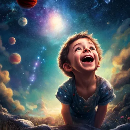 Prompt: A realistic photo of an astonished happy little boy look up to the midnight sky, galaxy in night sky, natural, glamorous, wonderful, stars and planets, landscape, wide view, hd, 4k, ultra realistic.