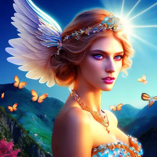 Prompt: HD 4k 3D 8k professional modeling photo hyper realistic beautiful woman ethereal greek goddess of the clear blue sky
orange hair blue eyes gorgeous face fair skin shimmering dress with gems jewelry and winged tiara full body surrounded by magical glowing divine light hd landscape background blue sky birds and butterflies