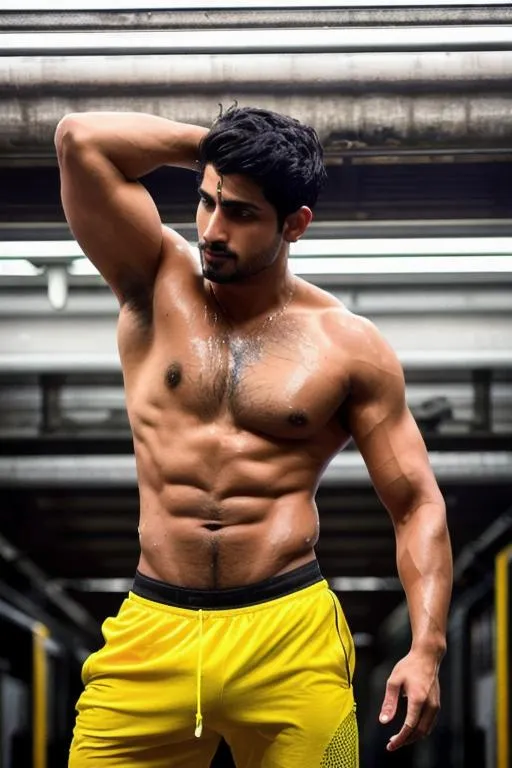 Prompt: siddharth malhotra rugged handsomehypermasculine latino hunk ;  sweating profusely having black hair; extra hairy wet chest and armpits and wearing bulging sweatpants; inside a dirty public train berth. arena, perfect composition, hyperrealistic, super detailed, 8k, high quality, trending art, trending on artstation, sharp focus, studio photo, intricate details, highly detailed, by greg rutkowski