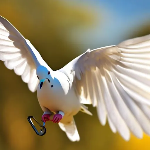 Prompt: A white dove flying off with a set of car keys on a yellow key ring 