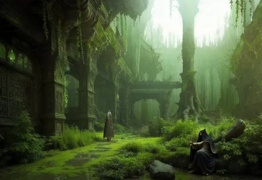 Prompt: wandering nomad wizard,multilayred outfit, cloak and cape, intricate detail,  pretty, correct face, beautiful model, show old apocalyptic city wasteland overgrown by oppressive huge forest, vines, plants and roots growing, cracking through walls, 3d render,  high detail, 