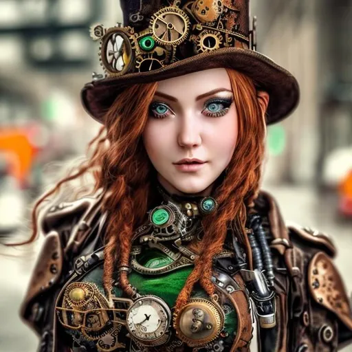 Prompt: A hyper realistic extremely detailed very close up steampunk woman.
Woman has red hair and green eyes.
She has a guitar on her back
