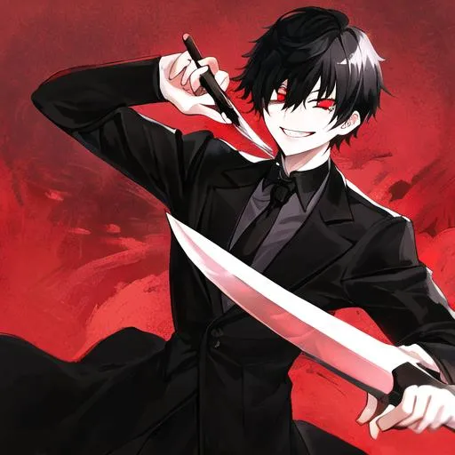 Prompt: Damien (male, short black hair, red eyes) grinning seductively, holding a knife