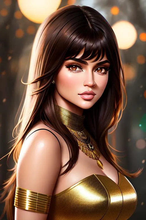 Prompt: portrait of Brown Hair Beautiful Kylie Jenner with Air Magic, parted bangs, Elegant, Romantic, as a tribal warrior, HDR, full body, High Definition, cinematic,  dynamic light, hyperrealism, definition, glowing eyes, facial symmetry  by Ilya Kuvshinov