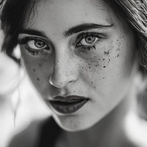 Prompt: Womans face in black and white portrait but her eyes in color close up shot