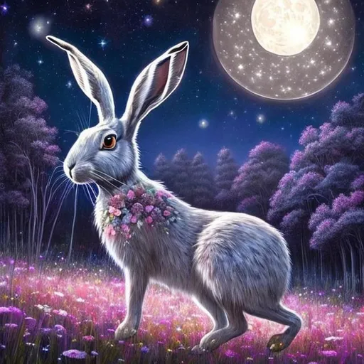 Prompt: Please create a beautiful painting of glowing nighttime meadow of flowers and whimsical trees with a moon gazing hare fascinated by a gorgeous hyperreal8stic moon.