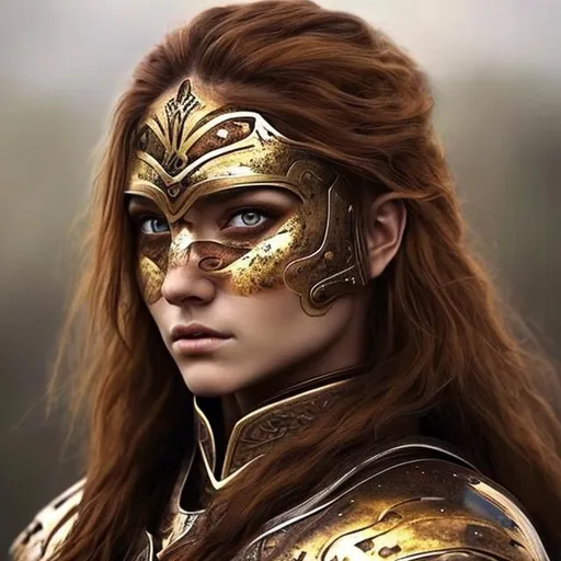 Prompt: Beautiful female warrior, long coppery brown hair and amber eyes. Female warrior wearing an armour. Face beautiful simmetrical,  realistic, soft features of the face