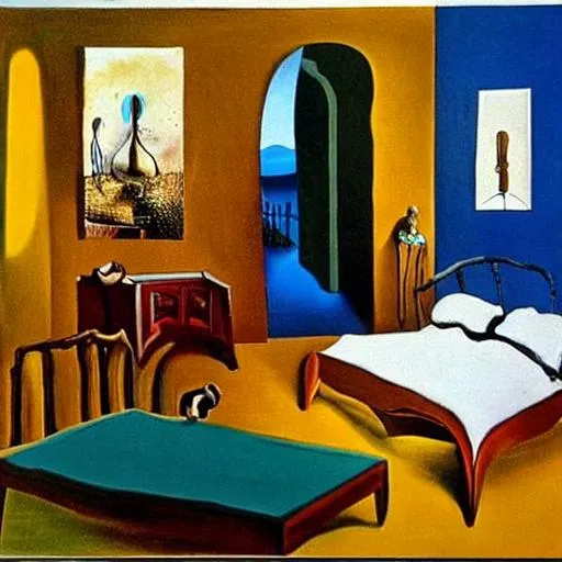 Prompt: SALVADOR DALI PAINTING OF BEDROOM