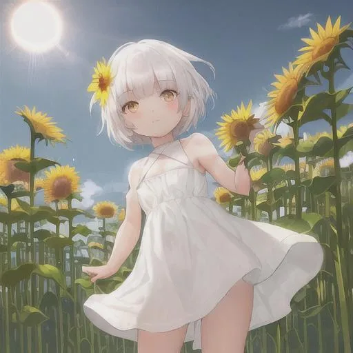 Prompt: Cute little girl white short hairs, a sun flower, and behind the sun